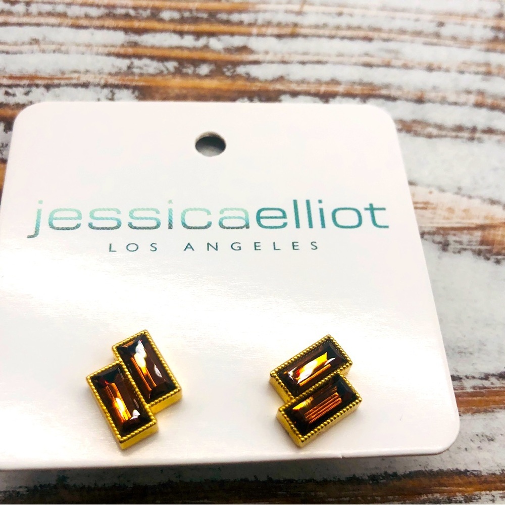 Jessica Elliot Brown And Gold Double Baguette Swarovski Crystal Stud Earrings